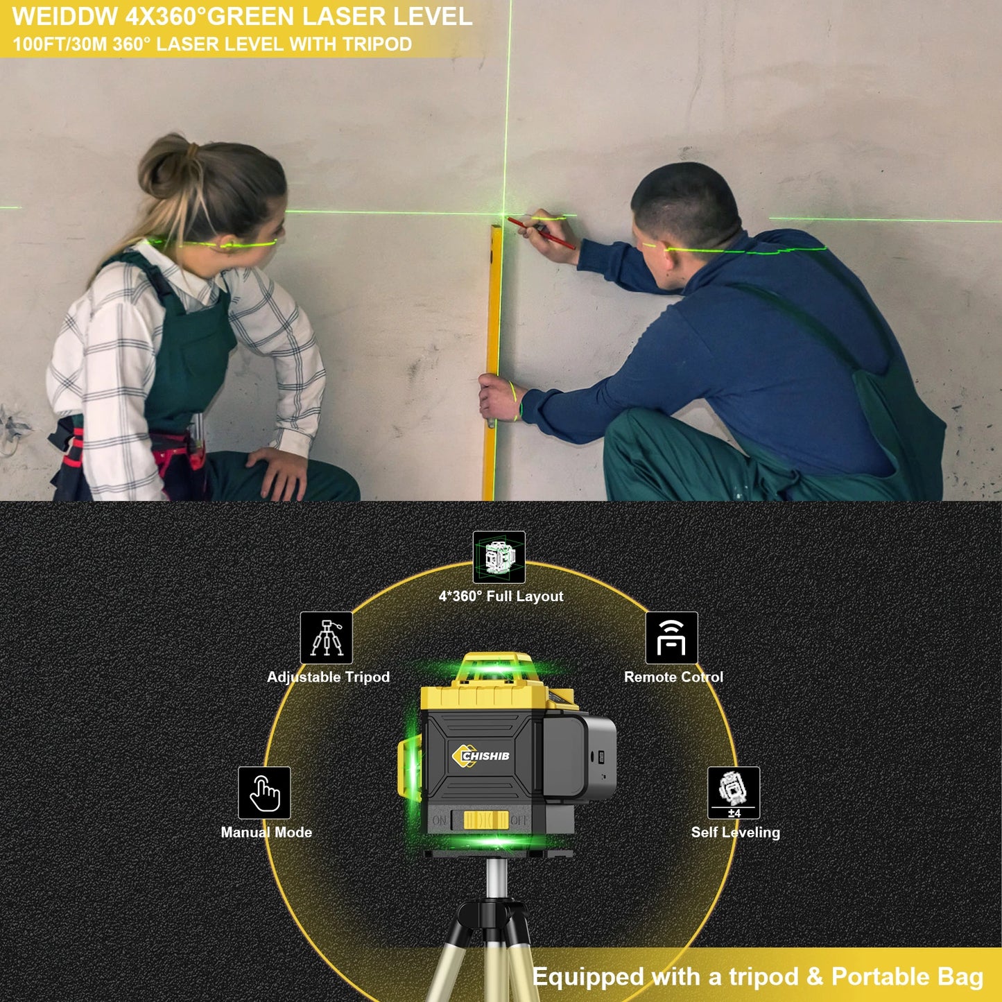 CHISHIB  4D 16 Lines Professional Laser level with 39.37 Inch (1M)Tripod  360°Self-leveling Laser Levels Green Beam Nivel Laser