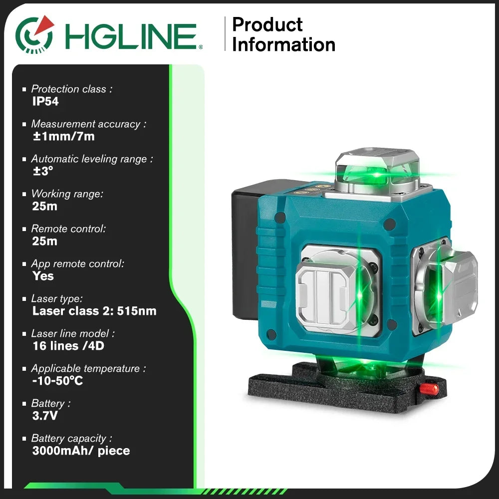 HGLINE 4D 16 Lines Green Line Laser Level APP Remote Control Horizontal Vertical Measuring Laser Instrument Inclined Laser Level