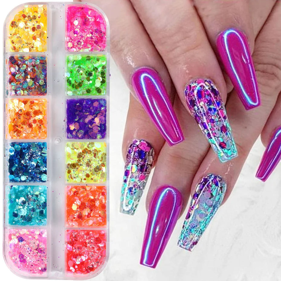 Mirror Iridescent Nail Glitter Sequins Mixed Hexagon Holographic Spangles Flakes Nail Art Powder Gel Polish Manicure Accessories