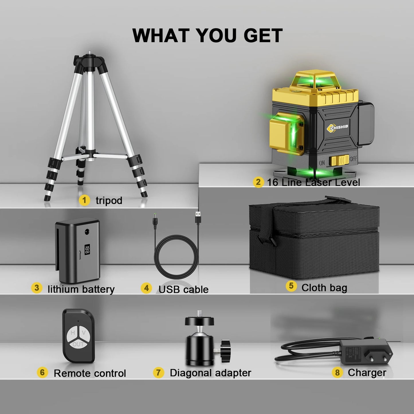 CHISHIB  4D 16 Lines Professional Laser level with 39.37 Inch (1M)Tripod  360°Self-leveling Laser Levels Green Beam Nivel Laser