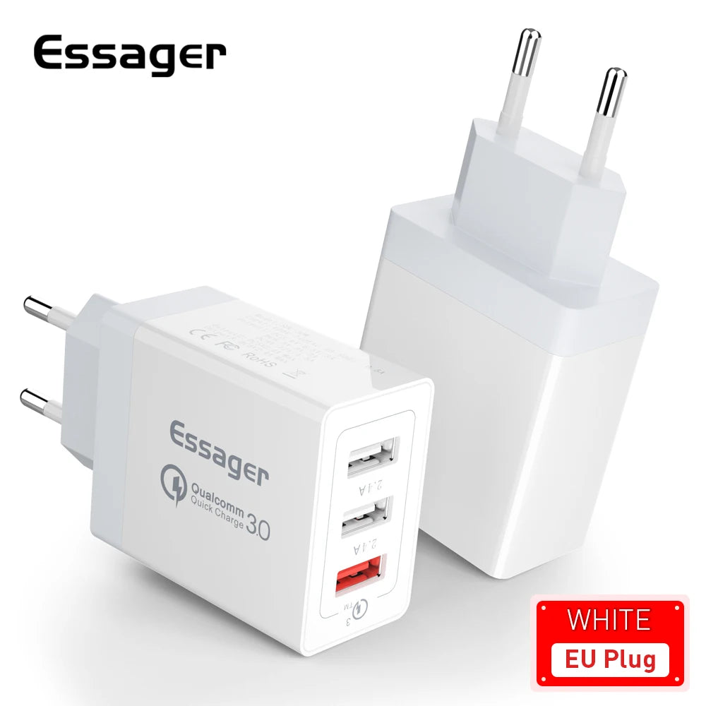 Essager 30W USB Type C Charger Quick Charge 3.0 For iPhone 14 Samsung Xiaomi 3 Port Multi Plug Wall Mobile Phone Fast Charging