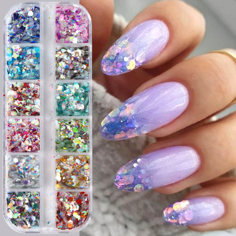 Mirror Iridescent Nail Glitter Sequins Mixed Hexagon Holographic Spangles Flakes Nail Art Powder Gel Polish Manicure Accessories