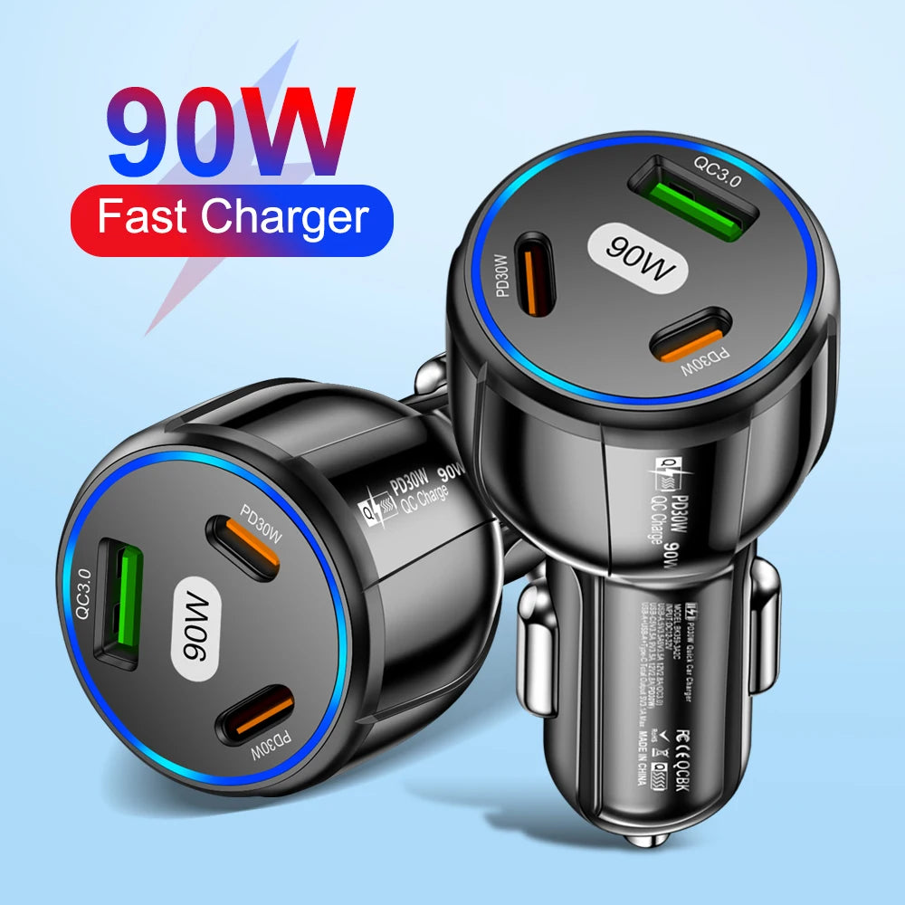 90W Fast Charger 3 Ports PD USB Car Charging Mobile Phone Type-C Adapter Quick Charger in Car for iPhone 14 15 Pro/Max Samsung