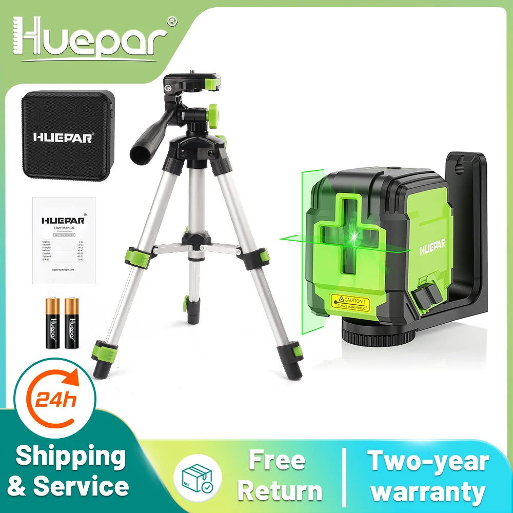 Huepar 2 Lines Cross Line Laser Level Self-Leveling Horizontal & Vertical Level Germany Osram Green Beam With Tripod & Bracket