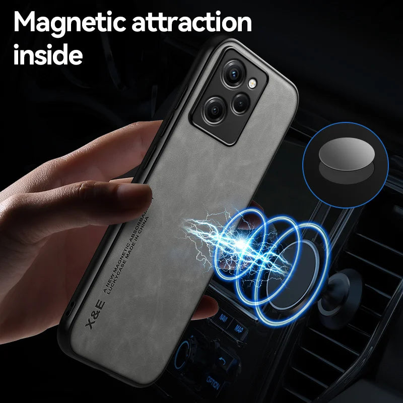 Poco X5 Pro 5G Case Leather Car Magnetic Holder Back Cover For Poko Little Poco X5 Pro Pocox5pro Protect Coque With Metal Plate