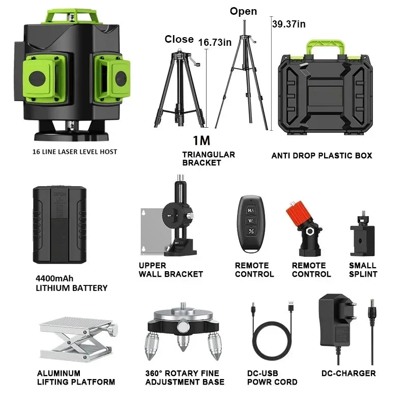 Laser 4D 16 Lines 360 Self-Leveling Professional Laser Level with Tripod Suitcase Horizontal And Vertical Green Line