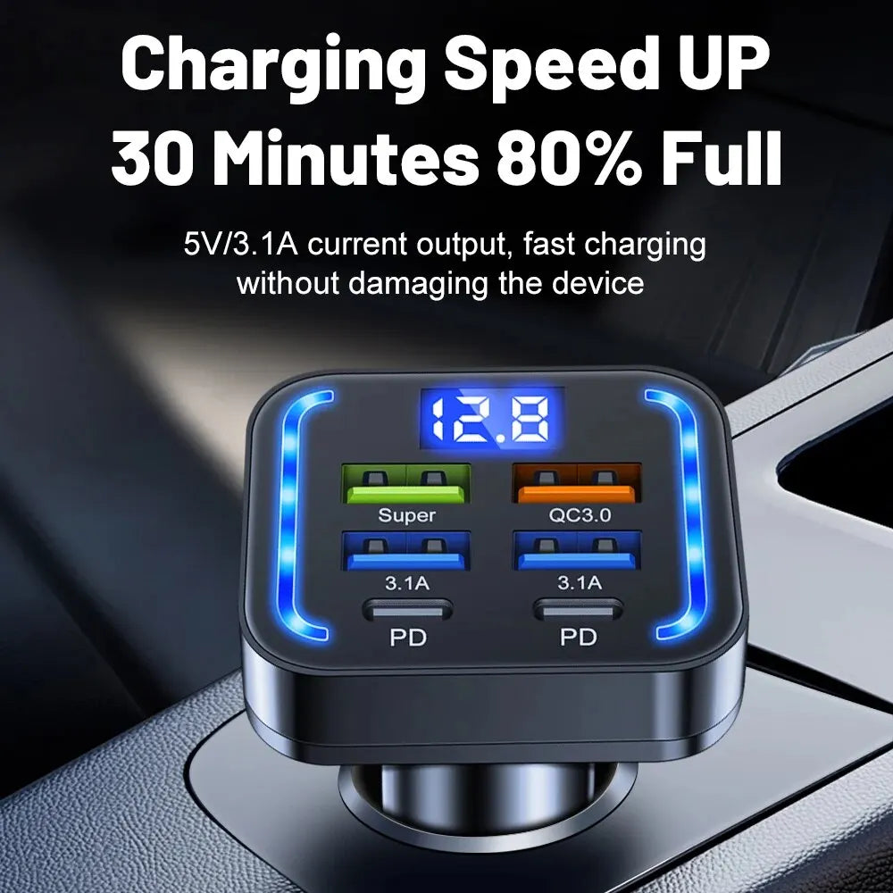 200 6 in 1 USB C Car Phone Charger Type C Adapter in Car For iPhone Samsung Huawei Xiaomi 6Ports Car Charger Fast Charging