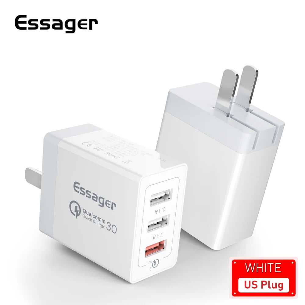 Essager 30W USB Type C Charger Quick Charge 3.0 For iPhone 14 Samsung Xiaomi 3 Port Multi Plug Wall Mobile Phone Fast Charging