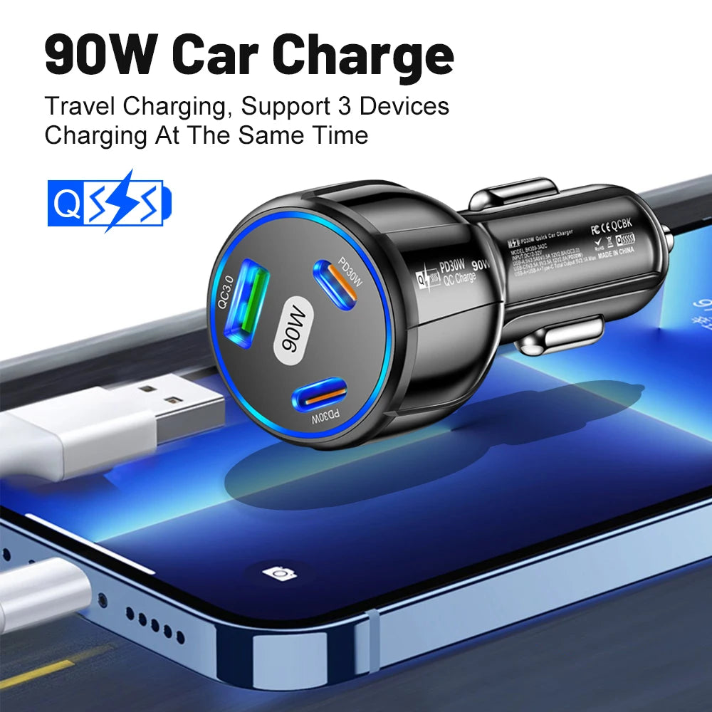 90W Fast Charger 3 Ports PD USB Car Charging Mobile Phone Type-C Adapter Quick Charger in Car for iPhone 14 15 Pro/Max Samsung