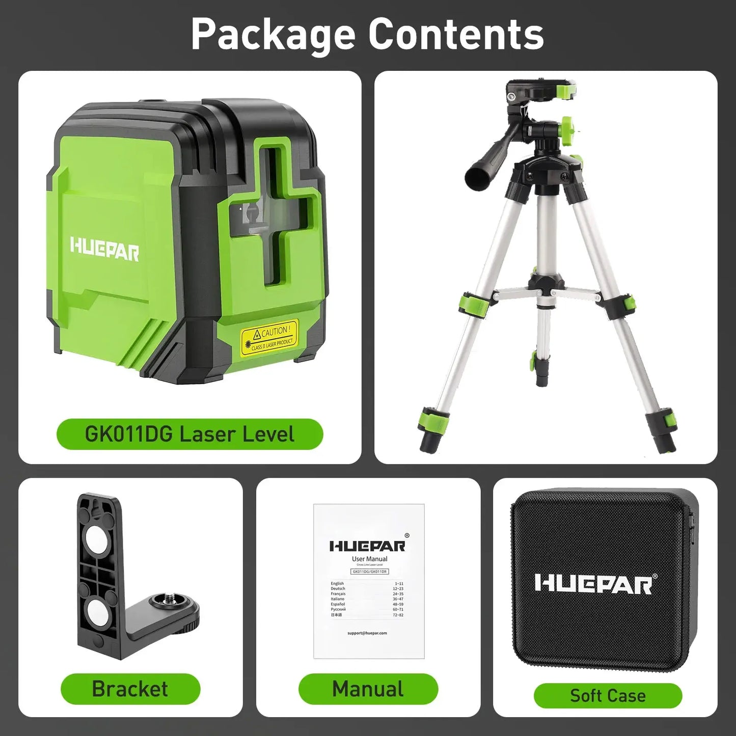 Huepar 2 Lines Cross Line Laser Level Self-Leveling Horizontal & Vertical Level Germany Osram Green Beam With Tripod & Bracket