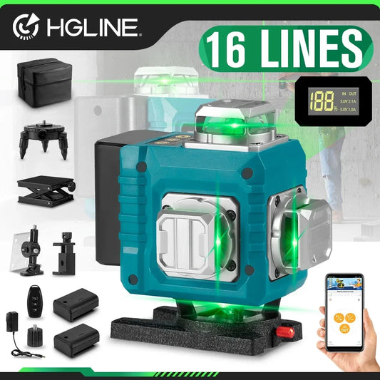 HGLINE 4D 16 Lines Green Line Laser Level APP Remote Control Horizontal Vertical Measuring Laser Instrument Inclined Laser Level