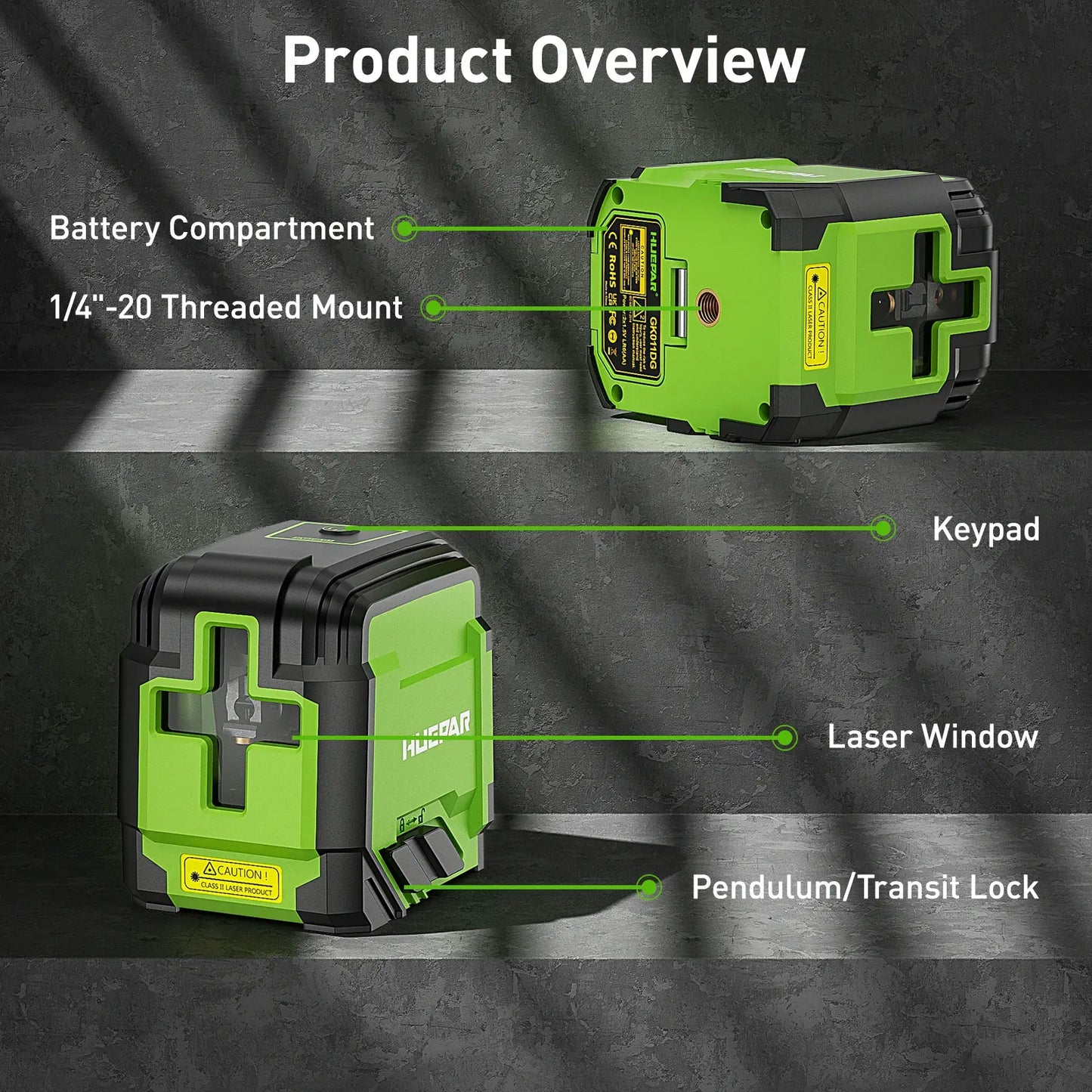 Huepar 2 Lines Cross Line Laser Level Self-Leveling Horizontal & Vertical Level Germany Osram Green Beam With Tripod & Bracket