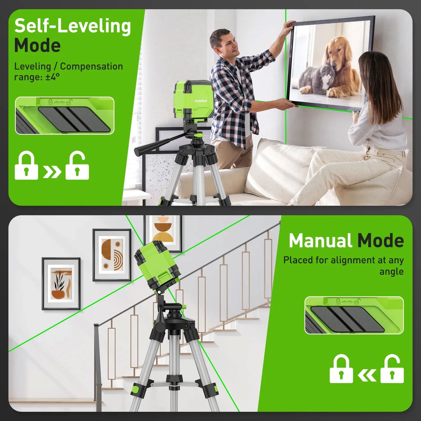 Huepar 2 Lines Cross Line Laser Level Self-Leveling Horizontal & Vertical Level Germany Osram Green Beam With Tripod & Bracket