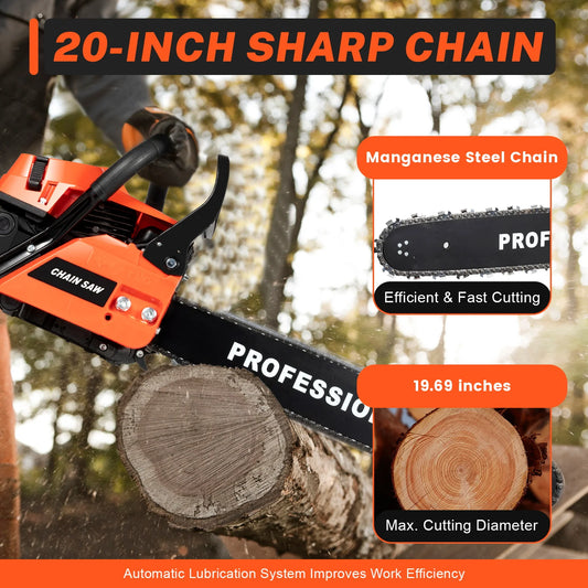 20 Inch 62CC Chainsaw 2600W Power Chain Saws Gas Powered 2 Stroke Handed Petrol Gasoline Chain Saw for Cutting Wood