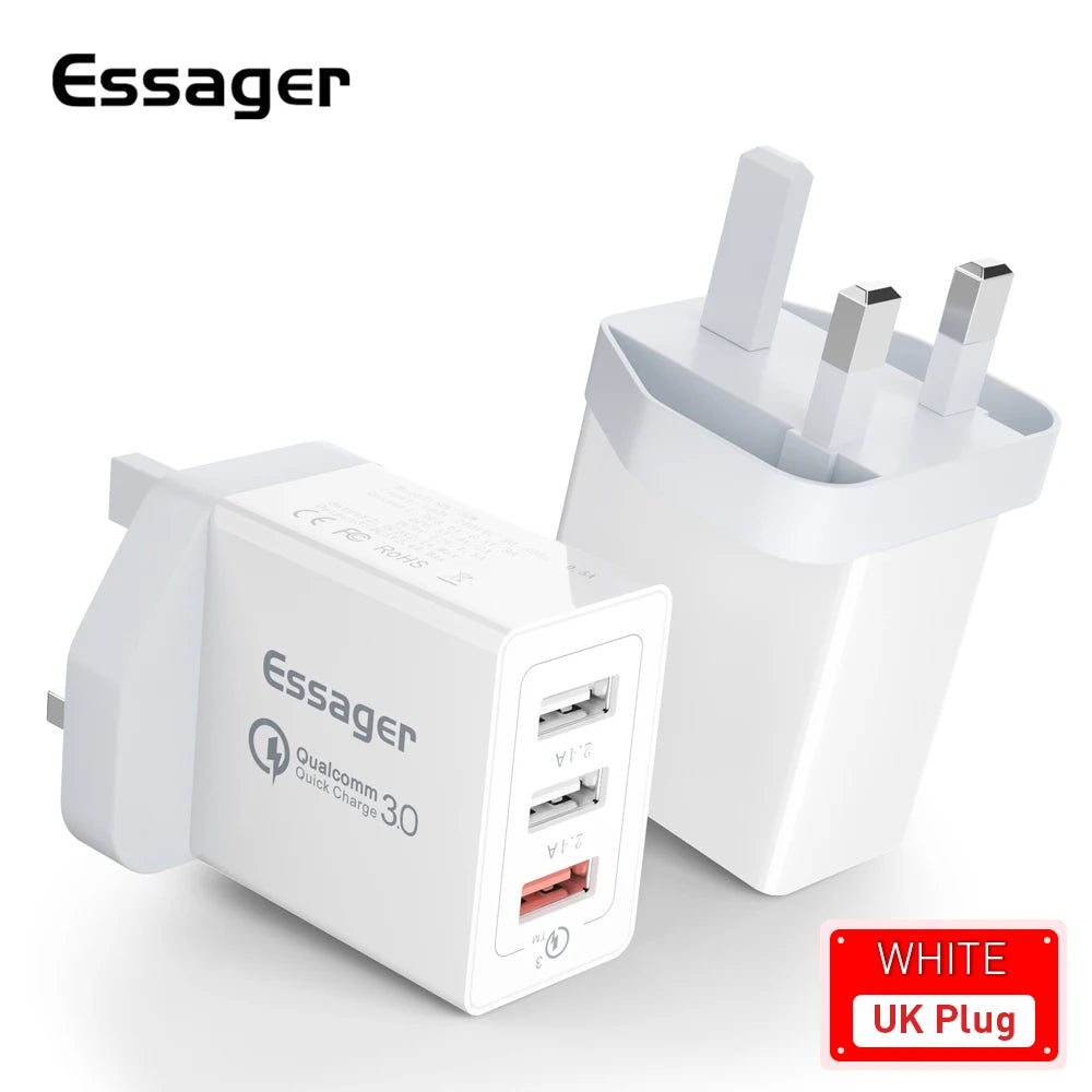 Essager 30W USB Type C Charger Quick Charge 3.0 For iPhone 14 Samsung Xiaomi 3 Port Multi Plug Wall Mobile Phone Fast Charging