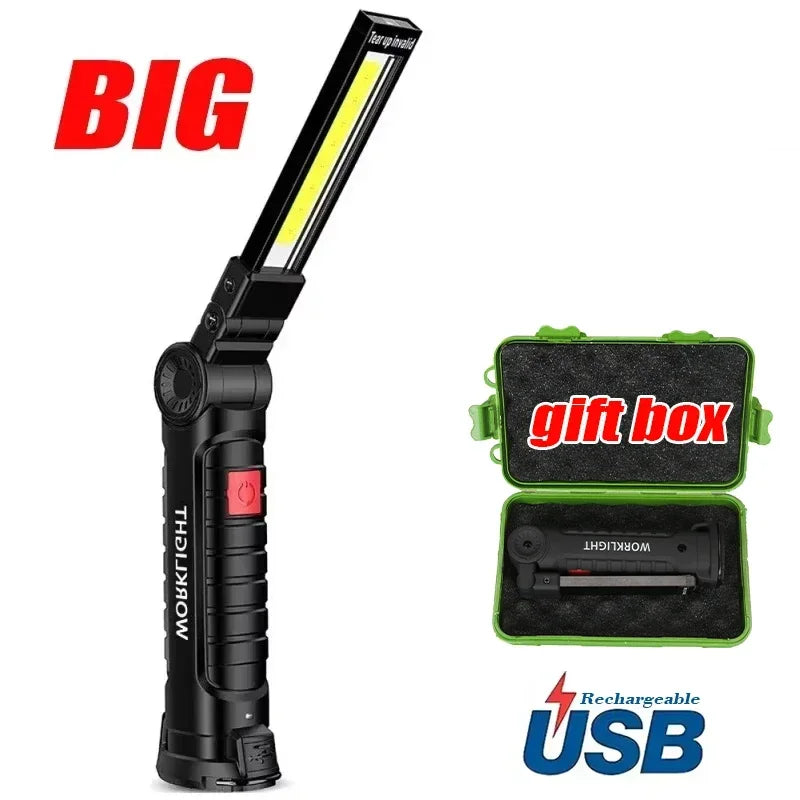 New Portable COB LED Flashlight USB Rechargeable Work Light Magnetic Lanterna Hanging Lamp with Built-in Battery Camping Torch