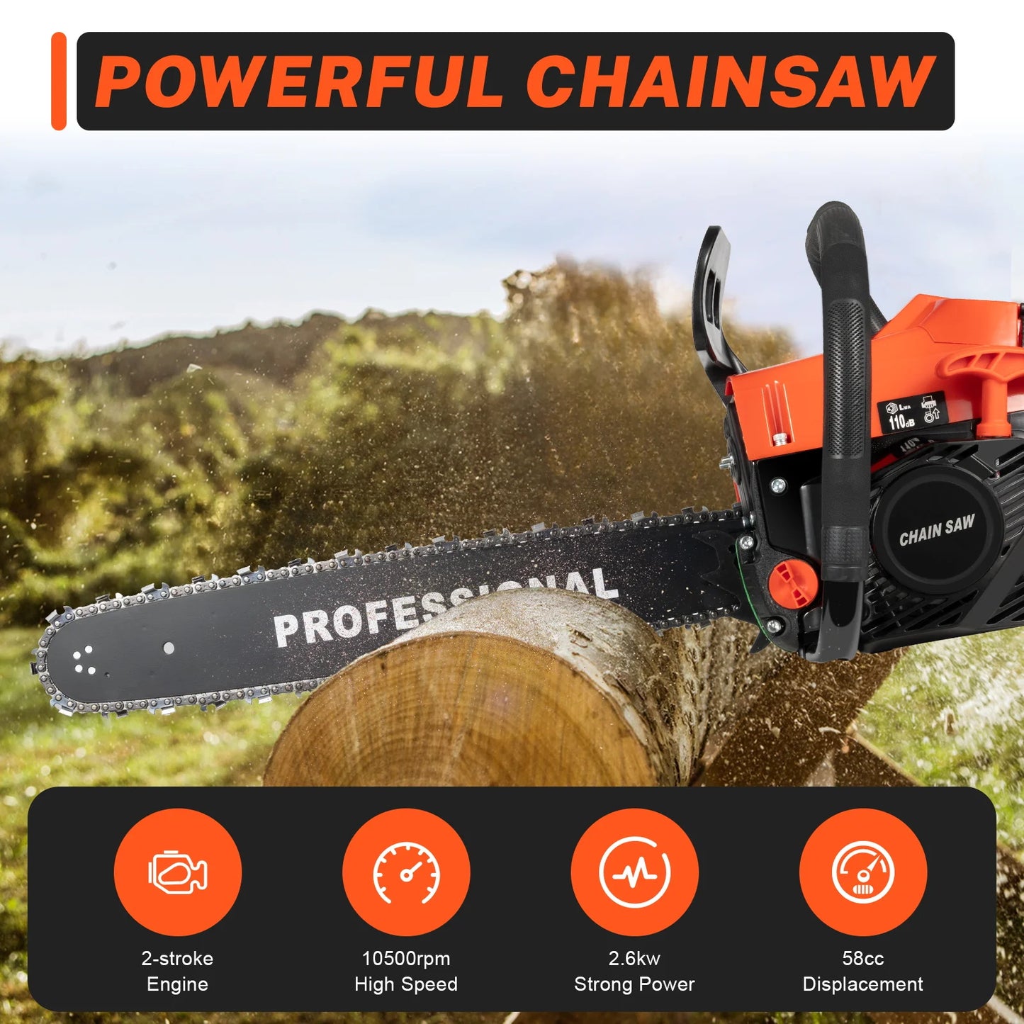 20 Inch 62CC Chainsaw 2600W Power Chain Saws Gas Powered 2 Stroke Handed Petrol Gasoline Chain Saw for Cutting Wood