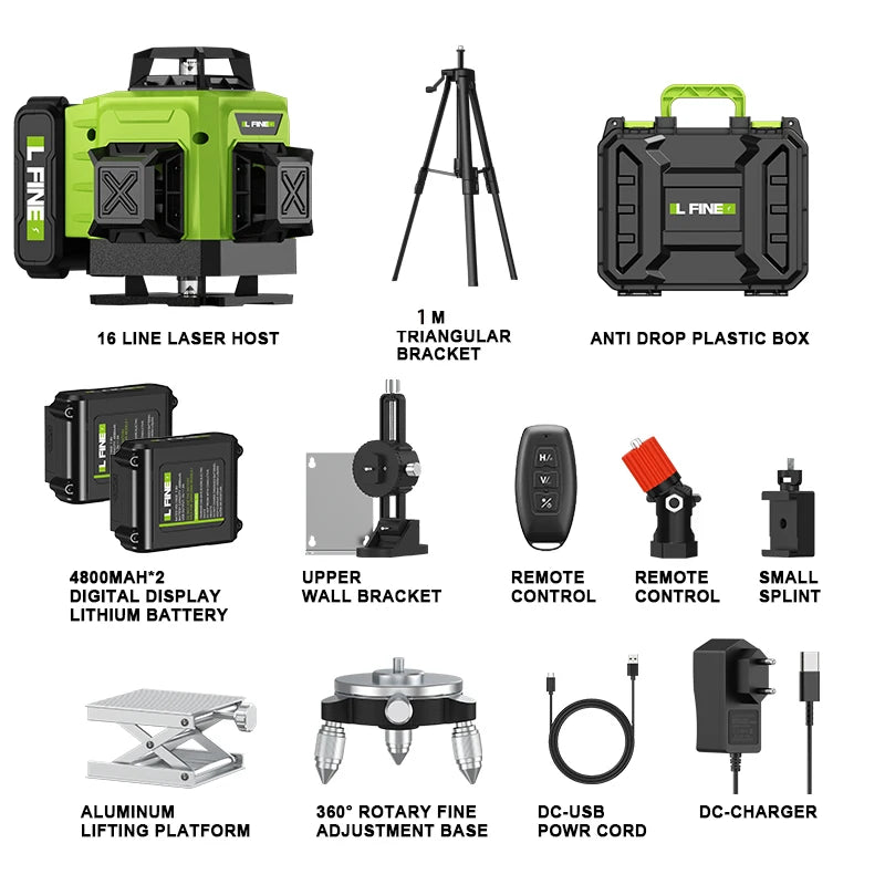 Lfine 4D 16 Lines 360°Self-leveling Laser Levels with Tripod and Suitcase Horizontal And Vertical Professional Laser Level Tool