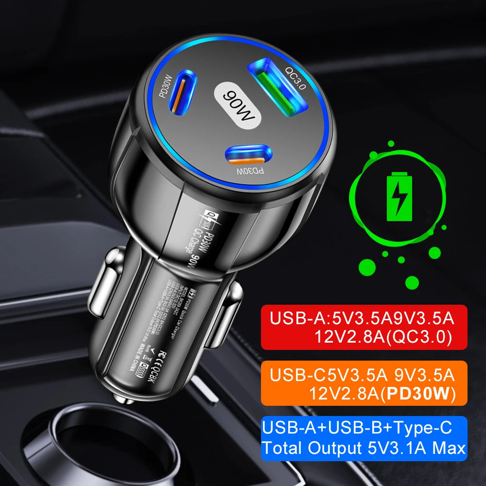 90W Fast Charger 3 Ports PD USB Car Charging Mobile Phone Type-C Adapter Quick Charger in Car for iPhone 14 15 Pro/Max Samsung