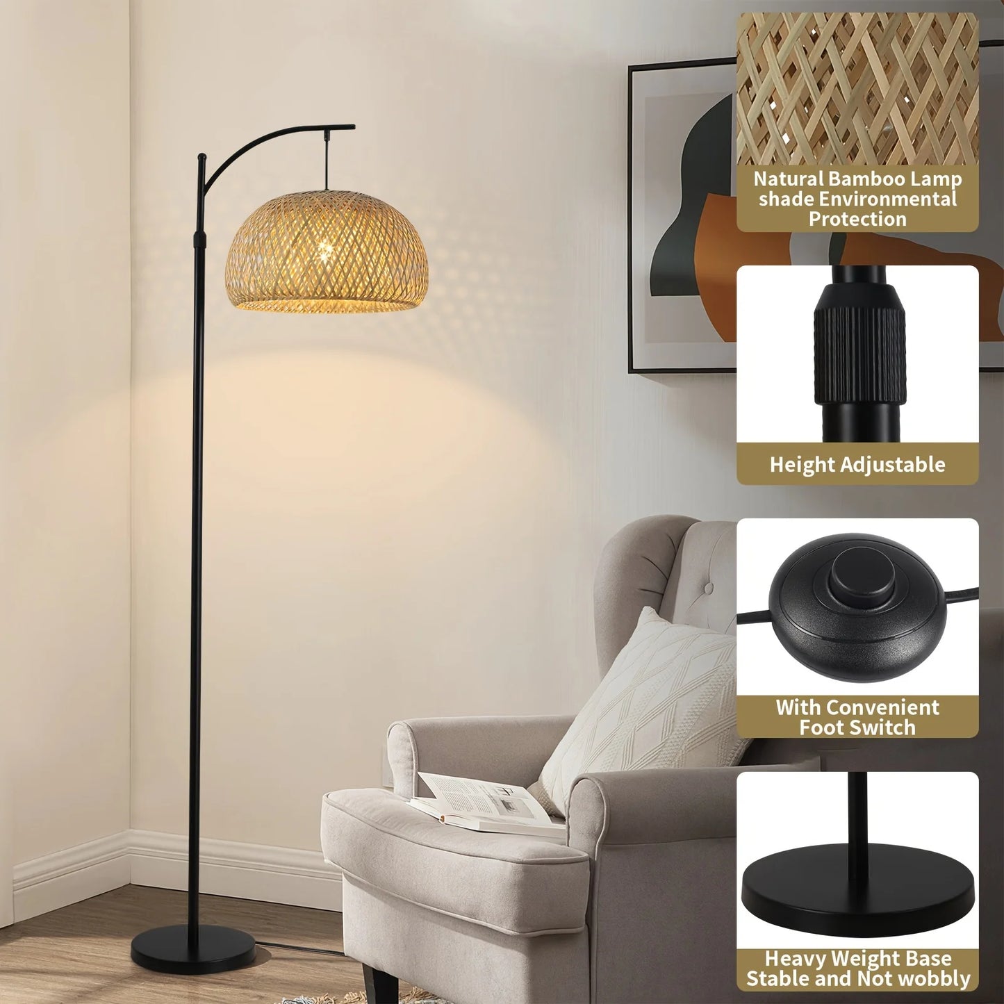 Floor Lamp With Big Size Bamboo Rattan Shade, Boho Farmhouse Rustic  Floor Lamps For Living Room /Bedroom(Bulb Not Included)