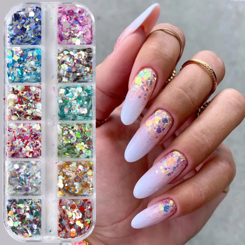 Mirror Iridescent Nail Glitter Sequins Mixed Hexagon Holographic Spangles Flakes Nail Art Powder Gel Polish Manicure Accessories