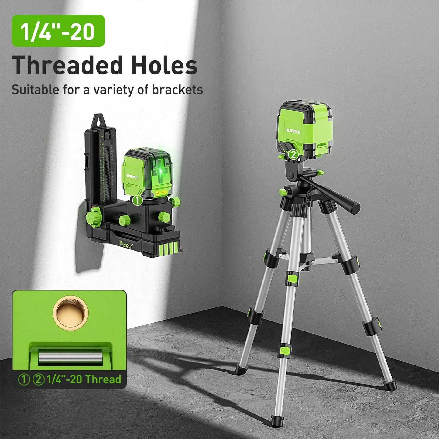 Huepar 2 Lines Cross Line Laser Level Self-Leveling Horizontal & Vertical Level Germany Osram Green Beam With Tripod & Bracket